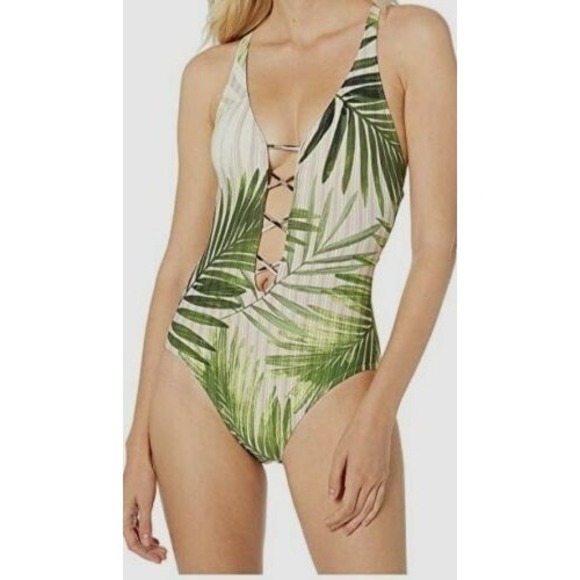 Vince Camuto Other - NWOT Vince Camuto Pink Palm SZ 6 Halter Plunge One-Piece Swimsuit #99071